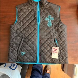 Children's Quilted Vest with Embroidered Cross - Brown and Blue
